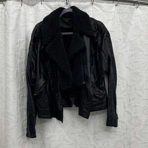Free People Black Leather Jacket with Shearling Collar